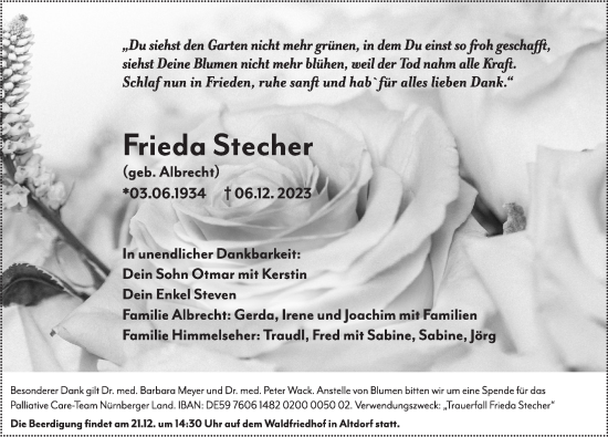 Traueranzeige von Frieda Stecher von Der Bote