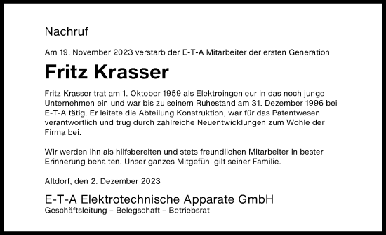 Traueranzeige von Fritz Krasser von Der Bote