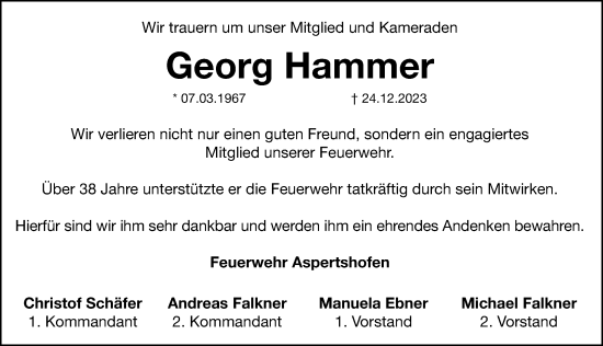 Traueranzeige von Georg Hammer von Hersbrucker Zeitung Lokal