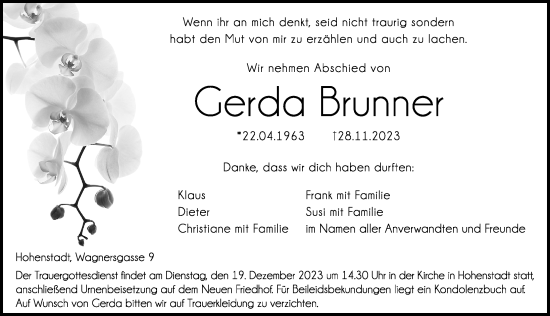 Traueranzeige von Gerda Brunner von Hersbrucker Zeitung Lokal