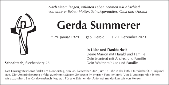 Traueranzeige von Gerda Summerer von Pegnitz-Zeitung