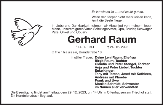 Traueranzeige von Gerhard Raum von Der Bote