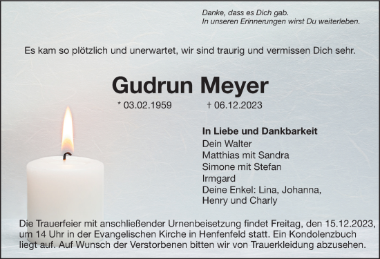 Traueranzeige von Gudrun Meyer von Hersbrucker Zeitung Lokal