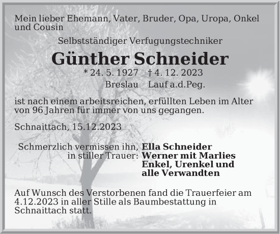 Traueranzeige von Günther Schneider von Pegnitz-Zeitung