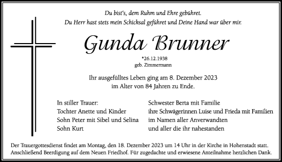 Traueranzeige von Gunda Brunner von Hersbrucker Zeitung Lokal