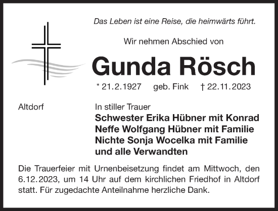 Traueranzeige von Gunda Rösch von Der Bote