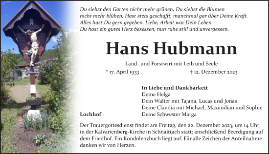 Traueranzeige von Hans Hubmann von Pegnitz-Zeitung