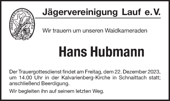Traueranzeige von Hans Hubmann von Pegnitz-Zeitung