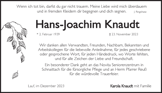 Traueranzeige von Hans-Joachim Knaudt von Pegnitz-Zeitung