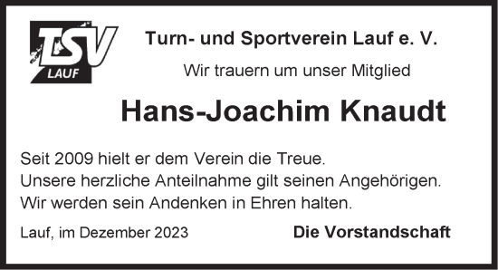 Traueranzeige von Hans-Joachim Knaudt von Pegnitz-Zeitung
