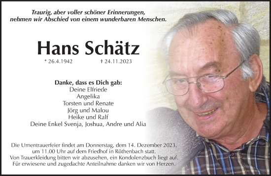 Traueranzeige von Hans Schätz von Pegnitz-Zeitung