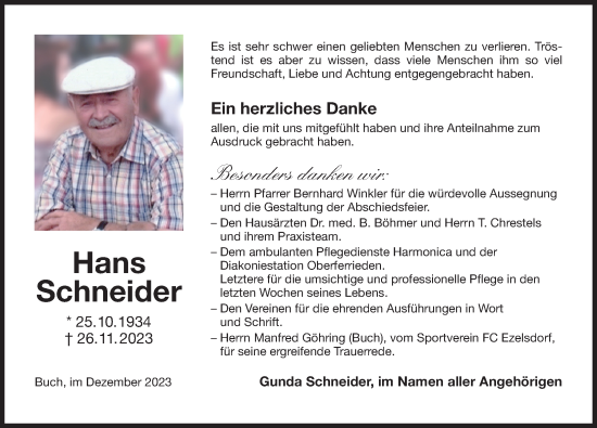 Traueranzeige von Hans Schneider von Der Bote