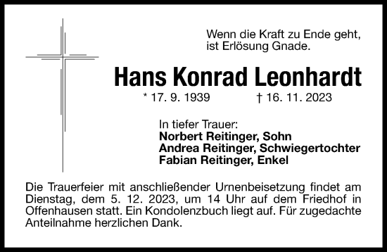 Traueranzeige von Hans Konrad Leonhardt von Hersbrucker Zeitung Lokal