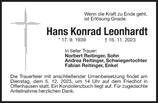 Traueranzeige von Hans Konrad Leonhardt von Der Bote