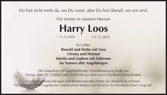 Traueranzeige von Harry Loos von Der Bote