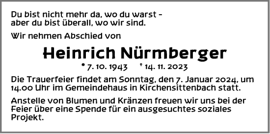 Traueranzeige von Heinrich Nürmberger von Hersbrucker Zeitung Lokal