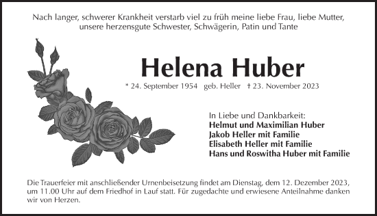 Traueranzeige von Helena Huber von Pegnitz-Zeitung