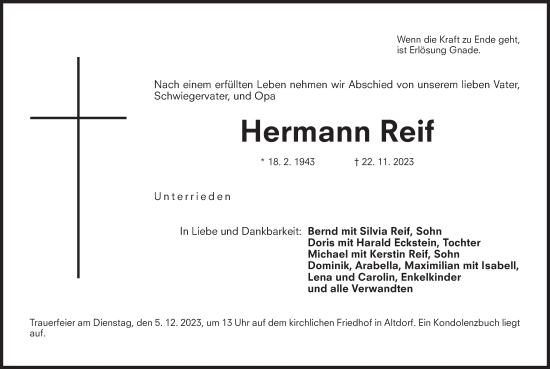 Traueranzeige von Hermann Reif von Der Bote
