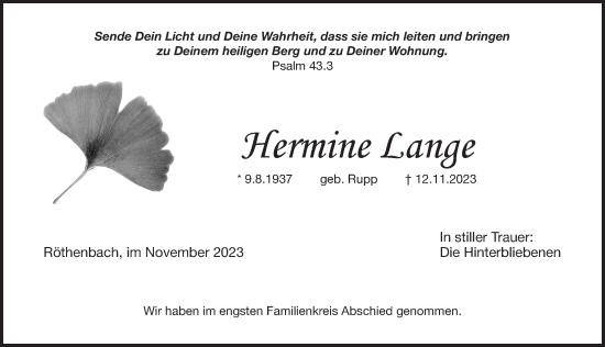 Traueranzeige von Hermine Lange von Pegnitz-Zeitung