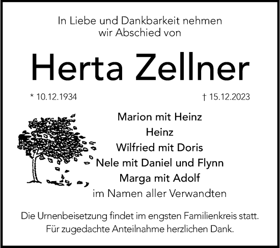 Traueranzeige von Herta Zellner von Hersbrucker Zeitung Lokal