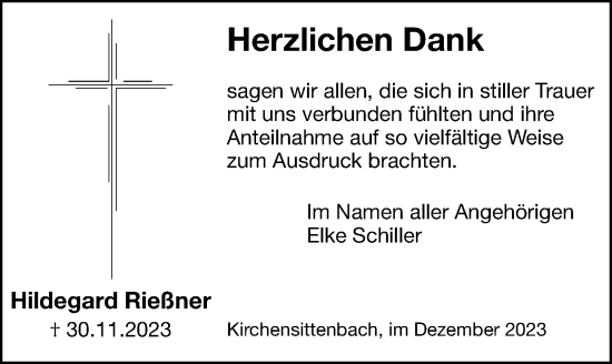 Traueranzeige von Hildegard Rießner von Hersbrucker Zeitung Lokal
