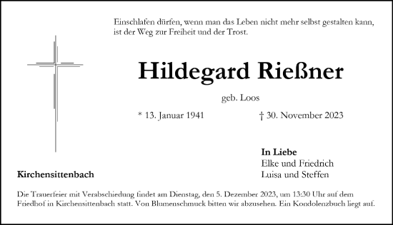 Traueranzeige von Hildegard Rießner von Hersbrucker Zeitung Lokal