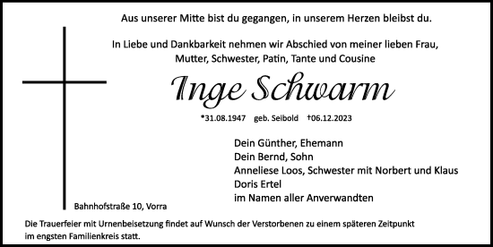 Traueranzeige von Inge Schwarm von Hersbrucker Zeitung Lokal