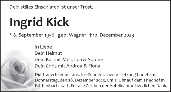 Traueranzeige von Ingrid Kick von Pegnitz-Zeitung