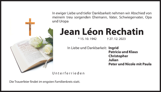 Traueranzeige von Jean Rechatin von Der Bote