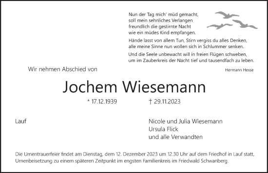 Traueranzeige von Jochem Wiesemann von Pegnitz-Zeitung
