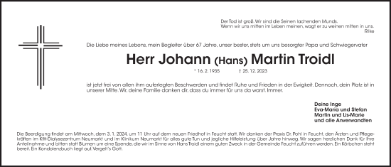 Traueranzeige von Johann Troidl von Der Bote
