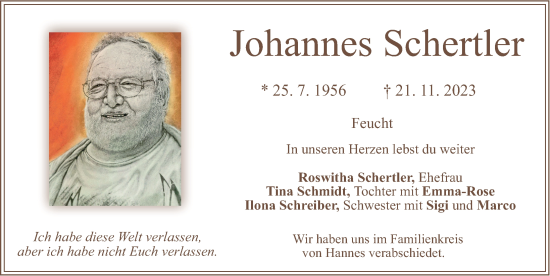 Traueranzeige von Johannes Schertler von Der Bote