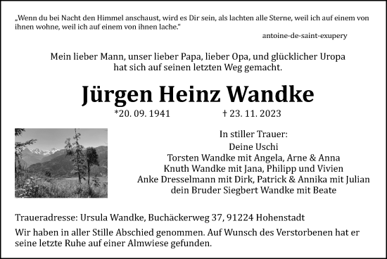 Traueranzeige von Jürgen Heinz Wandke von Hersbrucker Zeitung Lokal