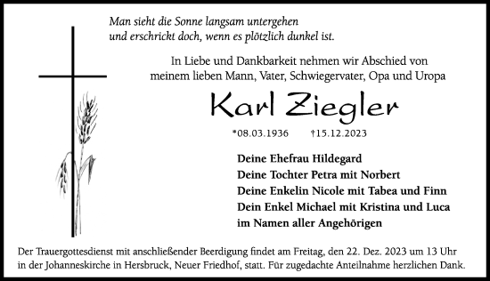 Traueranzeige von Karl Ziegler von Hersbrucker Zeitung Lokal