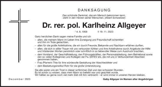 Traueranzeige von Karlheinz Allgeyer von Der Bote