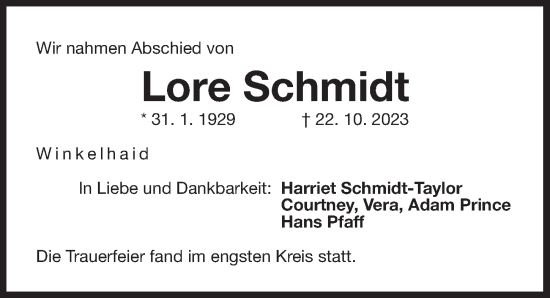 Traueranzeige von Lore Schmidt von Der Bote