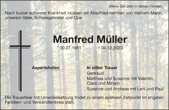 Traueranzeige von Manfred Müller von Hersbrucker Zeitung Lokal