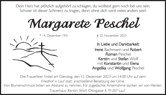 Traueranzeige von Margarete Peschel von Pegnitz-Zeitung