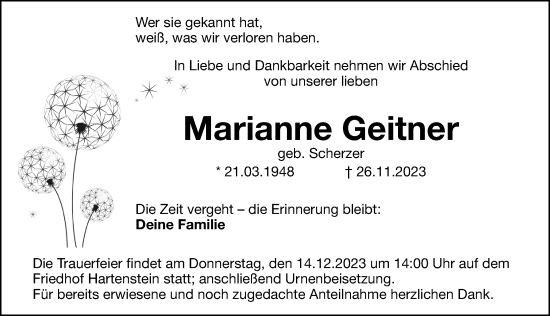 Traueranzeige von Marianne Geitner von Hersbrucker Zeitung Lokal