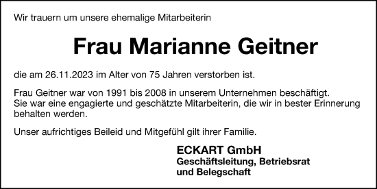 Traueranzeige von Marianne Geitner von Hersbrucker Zeitung Lokal