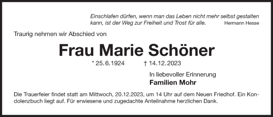 Traueranzeige von Marie Schöner von Der Bote