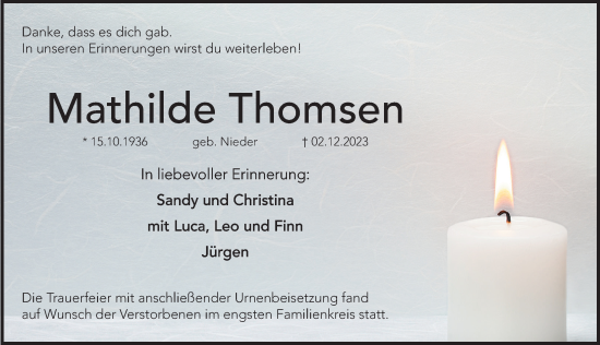 Traueranzeige von Mathilde Thomsen von Hersbrucker Zeitung Lokal