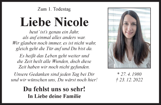 Traueranzeige von Nicole Frank von Der Bote