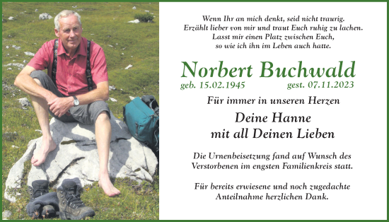 Traueranzeige von Norbert Buchwald von Hersbrucker Zeitung Lokal