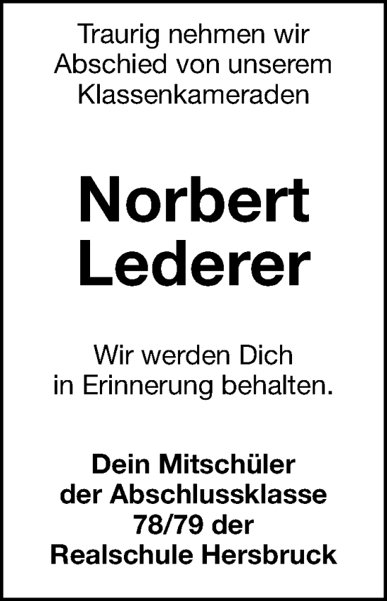 Traueranzeige von Norbert Lederer von Hersbrucker Zeitung Lokal