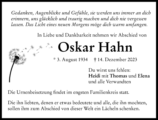 Traueranzeige von Oskar Hahn von Der Bote