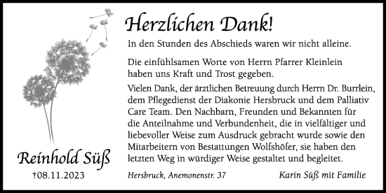 Traueranzeige von Reinhold Süß von Hersbrucker Zeitung Lokal