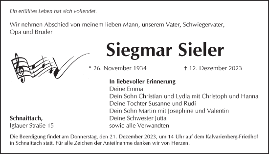 Traueranzeige von Siegmar Sieler von Pegnitz-Zeitung