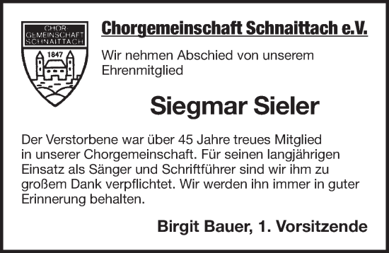 Traueranzeige von Siegmar Sieler von Pegnitz-Zeitung