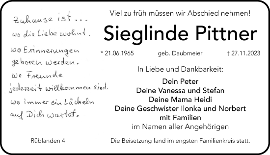 Traueranzeige von Siglinde Pittner von Hersbrucker Zeitung Lokal